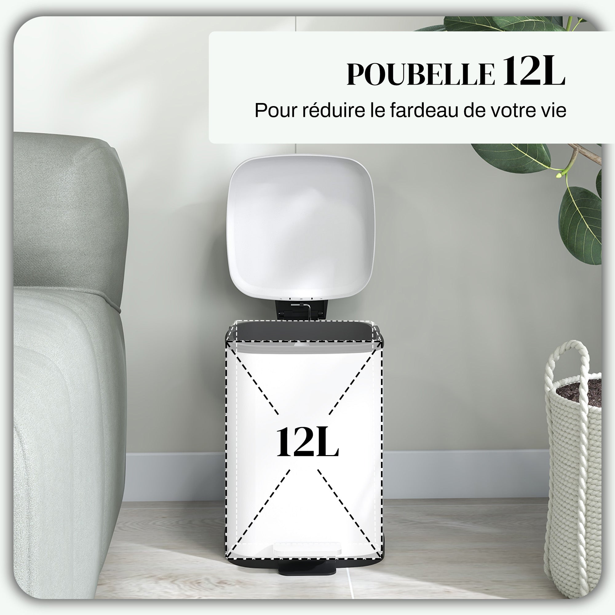 12L Kitchen Bin Pedal Trash Can in Stainless Steel with Soft-Close Lid, Compact, Removable Inner Bucket, 24.5 x 32 x 36.5 cm, White
