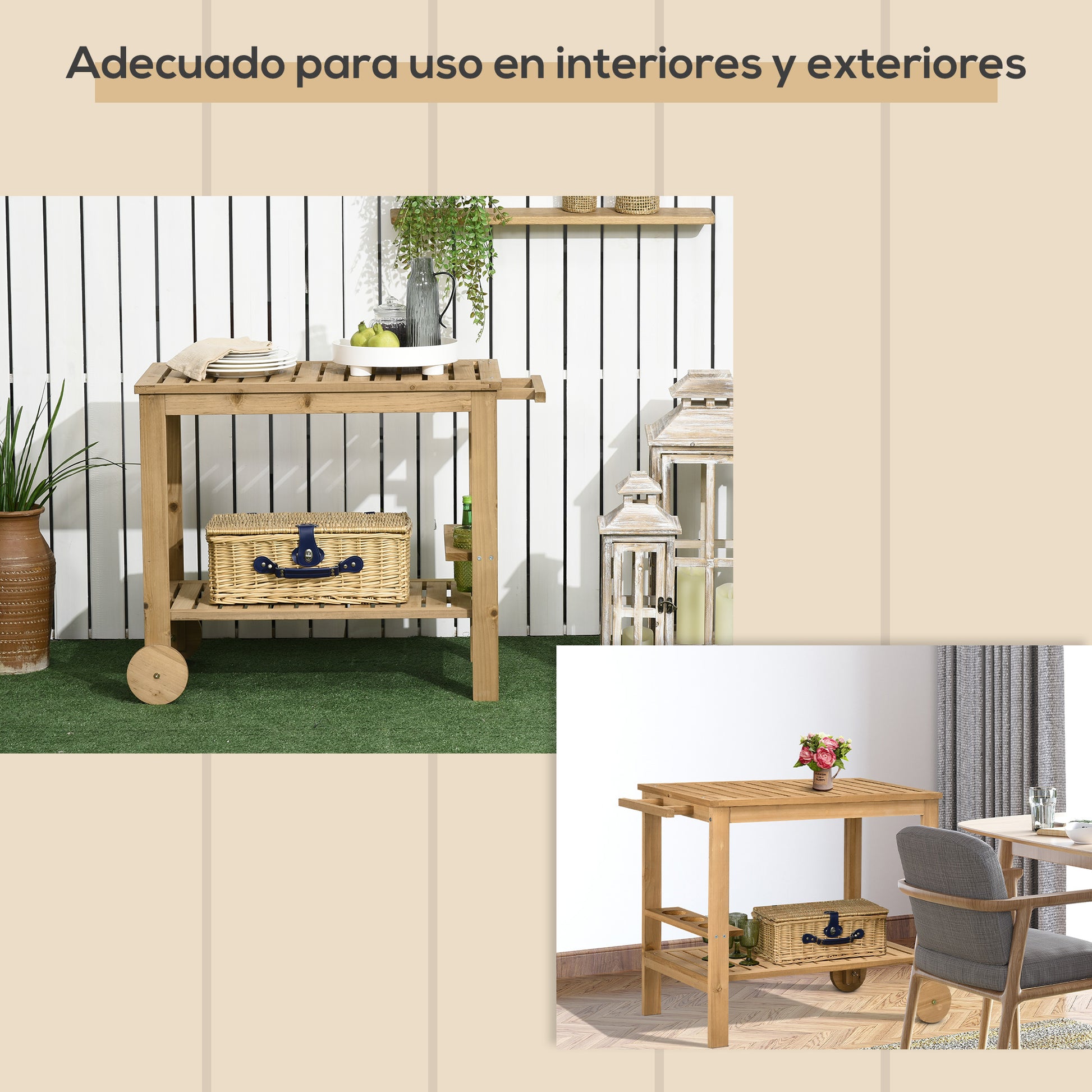 2-Tier Wooden Bar Cart Serving Trolley with Side Handle, 3 Wine Bottle Holders, and 2 Wheels for Garden Patio Terrace 95x47x74 cm Natural