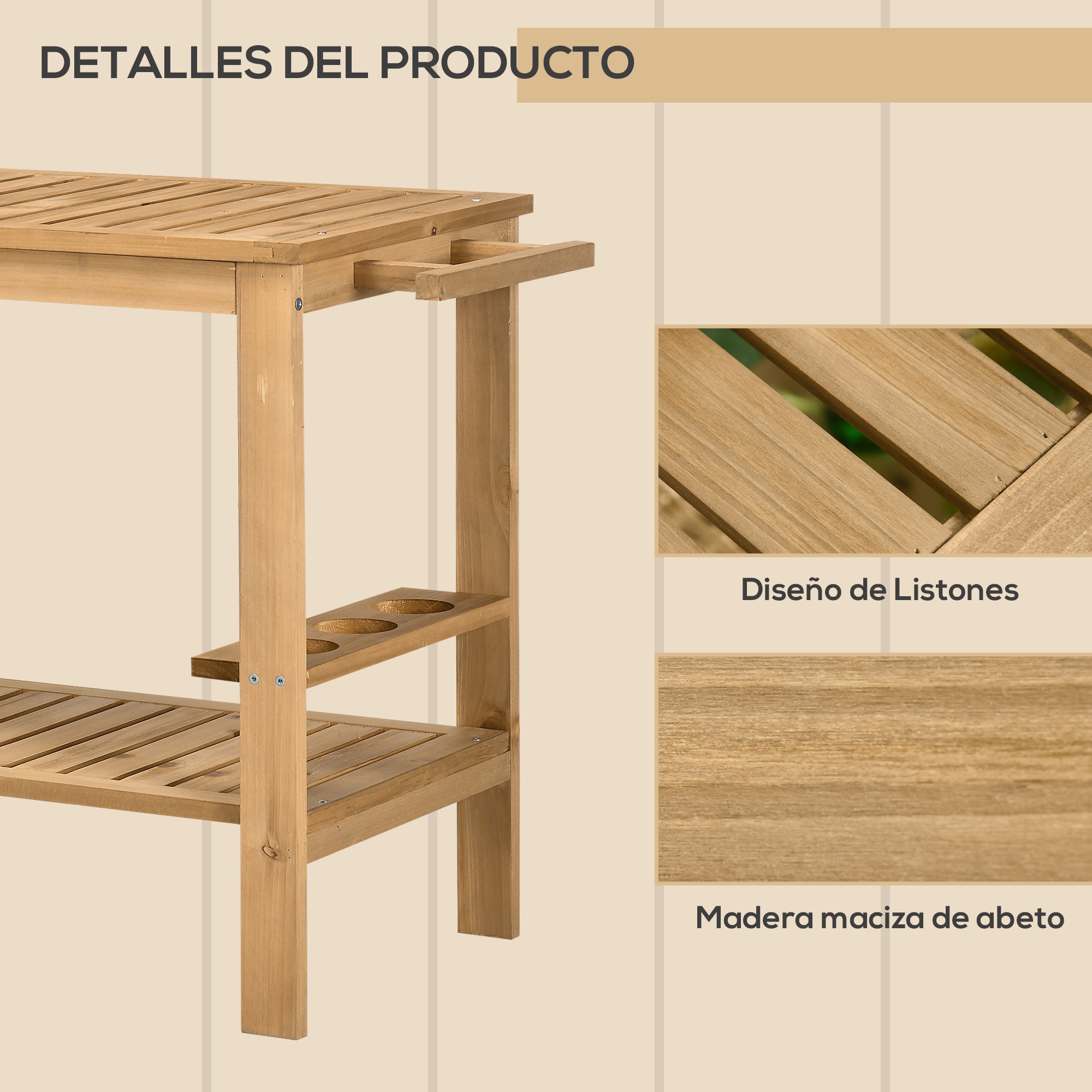 2-Tier Wooden Bar Cart Serving Trolley with Side Handle, 3 Wine Bottle Holders, and 2 Wheels for Garden Patio Terrace 95x47x74 cm Natural
