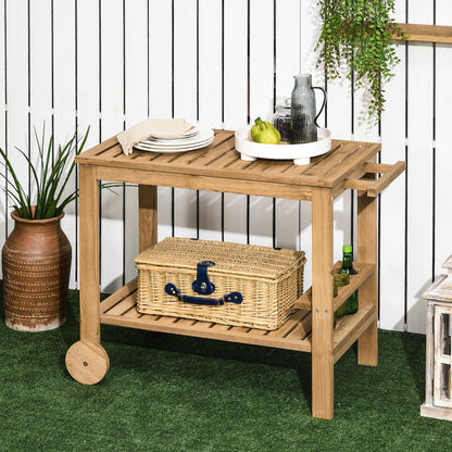 2-Tier Wooden Bar Cart Serving Trolley with Side Handle, 3 Wine Bottle Holders, and 2 Wheels for Garden Patio Terrace 95x47x74 cm Natural