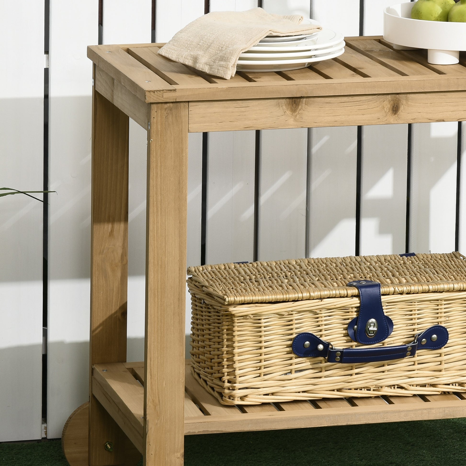 2-Tier Wooden Bar Cart Serving Trolley with Side Handle, 3 Wine Bottle Holders, and 2 Wheels for Garden Patio Terrace 95x47x74 cm Natural
