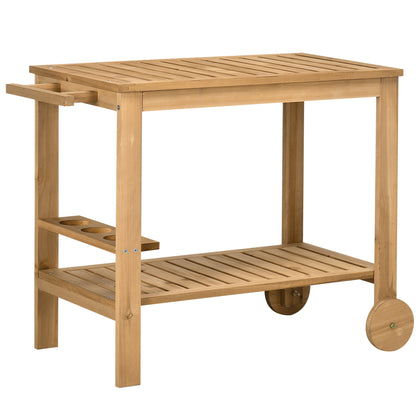 2-Tier Wooden Bar Cart Serving Trolley with Side Handle, 3 Wine Bottle Holders, and 2 Wheels for Garden Patio Terrace 95x47x74 cm Natural