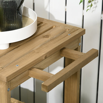 2-Tier Wooden Bar Cart Serving Trolley with Side Handle, 3 Wine Bottle Holders, and 2 Wheels for Garden Patio Terrace 95x47x74 cm Natural