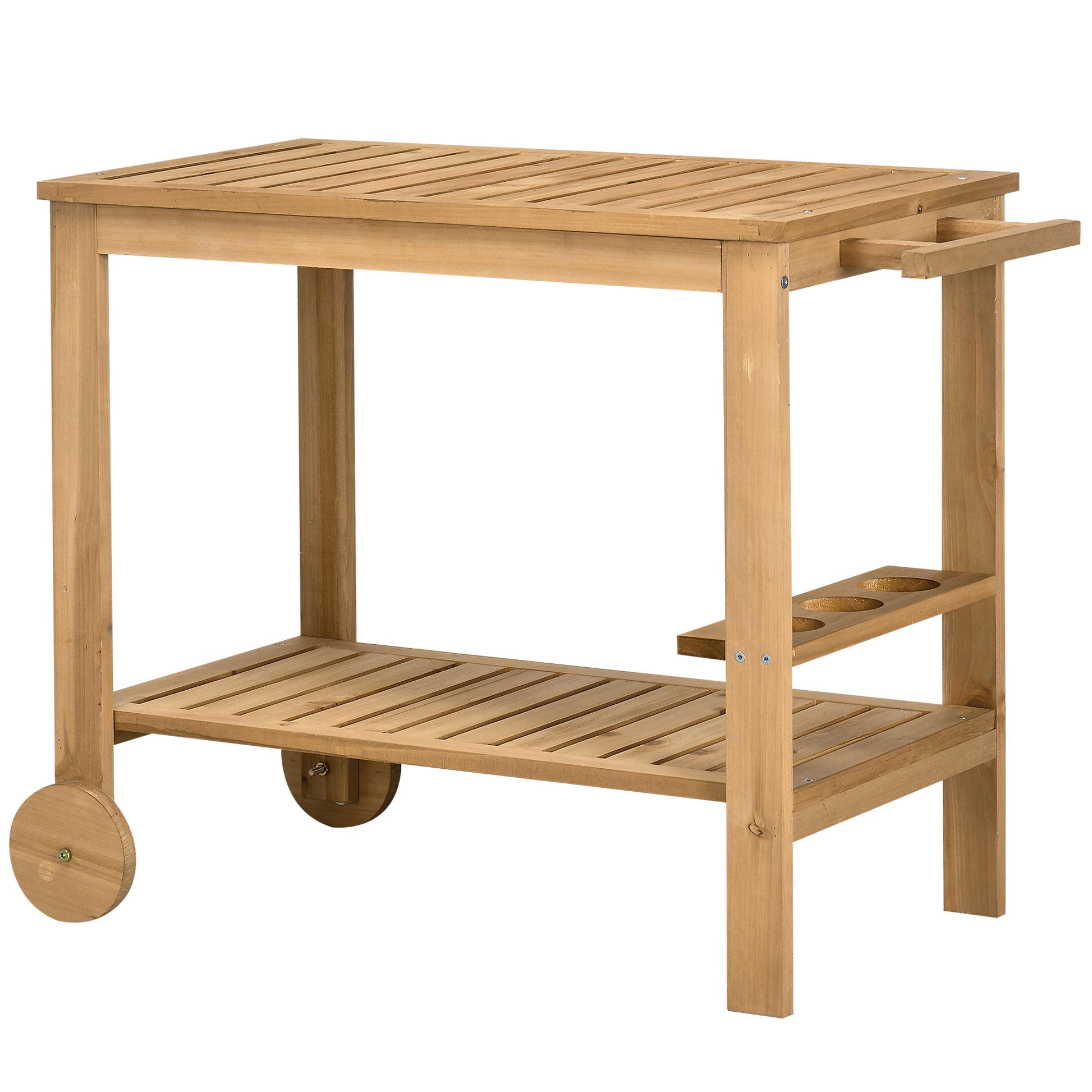 2-Tier Wooden Bar Cart Serving Trolley with Side Handle, 3 Wine Bottle Holders, and 2 Wheels for Garden Patio Terrace 95x47x74 cm Natural