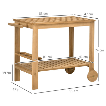2-Tier Wooden Bar Cart Serving Trolley with Side Handle, 3 Wine Bottle Holders, and 2 Wheels for Garden Patio Terrace 95x47x74 cm Natural