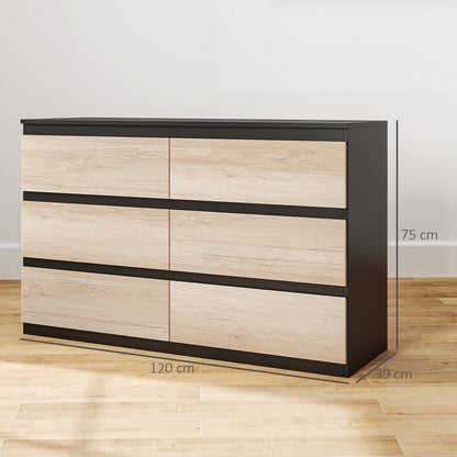 Bedroom Chest of Drawers, 6 Drawers, Wooden Dresser with Non-Slip Feet, for Living Room, Dining Room, Hallway, 120x39x75 cm, Black and Wood Color