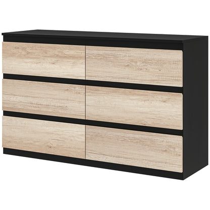 Bedroom Chest of Drawers, 6 Drawers, Wooden Dresser with Non-Slip Feet, for Living Room, Dining Room, Hallway, 120x39x75 cm, Black and Wood Color