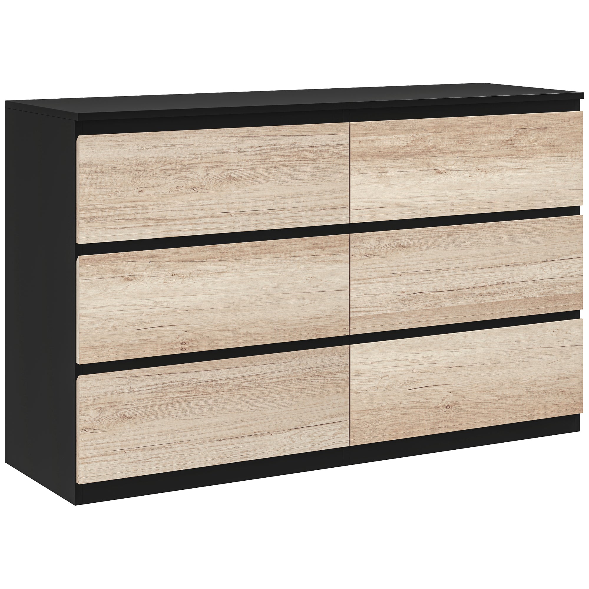 Bedroom Chest of Drawers, 6 Drawers, Wooden Dresser with Non-Slip Feet, for Living Room, Dining Room, Hallway, 120x39x75 cm, Black and Wood Color