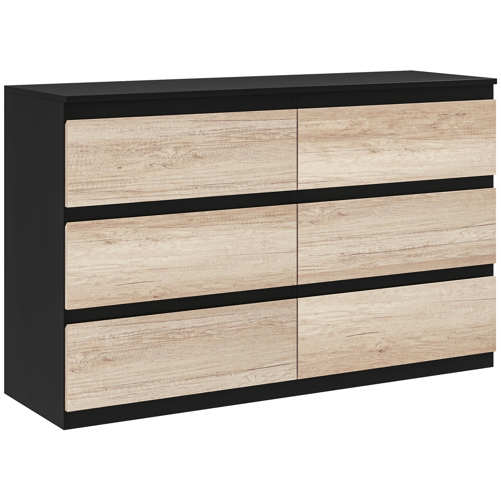 Bedroom Chest of Drawers, 6 Drawers, Wooden Dresser with Non-Slip Feet, for Living Room, Dining Room, Hallway, 120x39x75 cm, Black and Wood Color