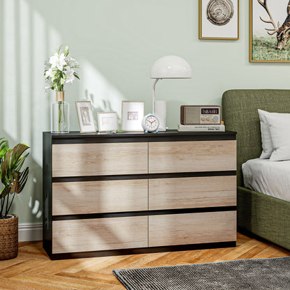Bedroom Chest of Drawers, 6 Drawers, Wooden Dresser with Non-Slip Feet, for Living Room, Dining Room, Hallway, 120x39x75 cm, Black and Wood Color