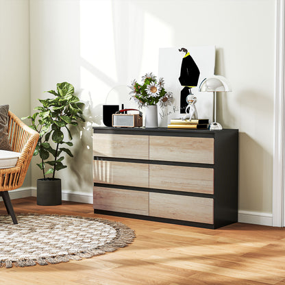 Bedroom Chest of Drawers, 6 Drawers, Wooden Dresser with Non-Slip Feet, for Living Room, Dining Room, Hallway, 120x39x75 cm, Black and Wood Color