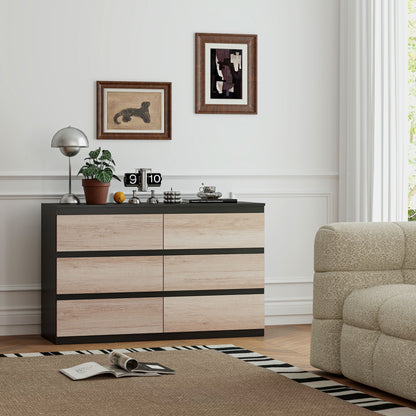 Bedroom Chest of Drawers, 6 Drawers, Wooden Dresser with Non-Slip Feet, for Living Room, Dining Room, Hallway, 120x39x75 cm, Black and Wood Color