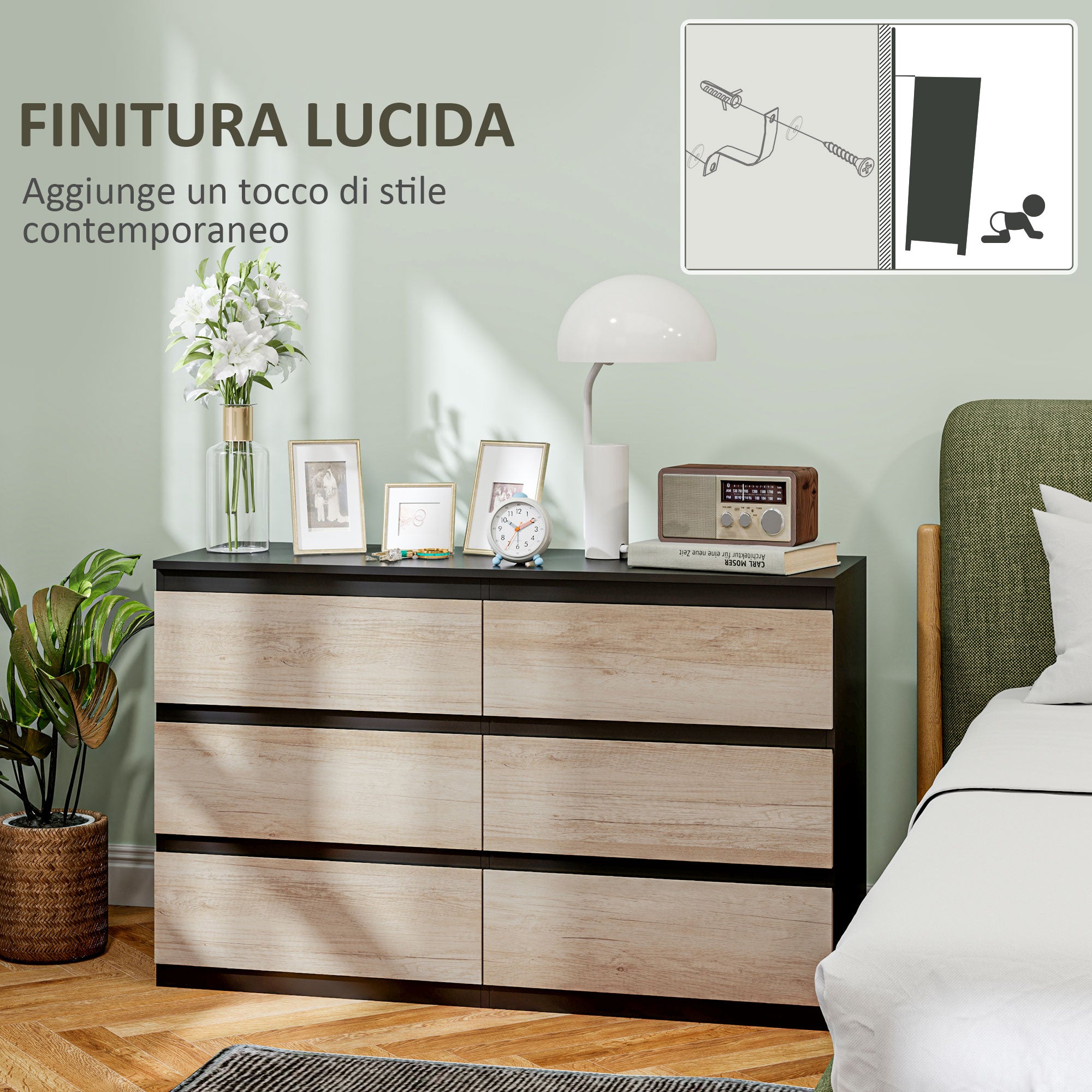 Bedroom Chest of Drawers, 6 Drawers, Wooden Dresser with Non-Slip Feet, for Living Room, Dining Room, Hallway, 120x39x75 cm, Black and Wood Color