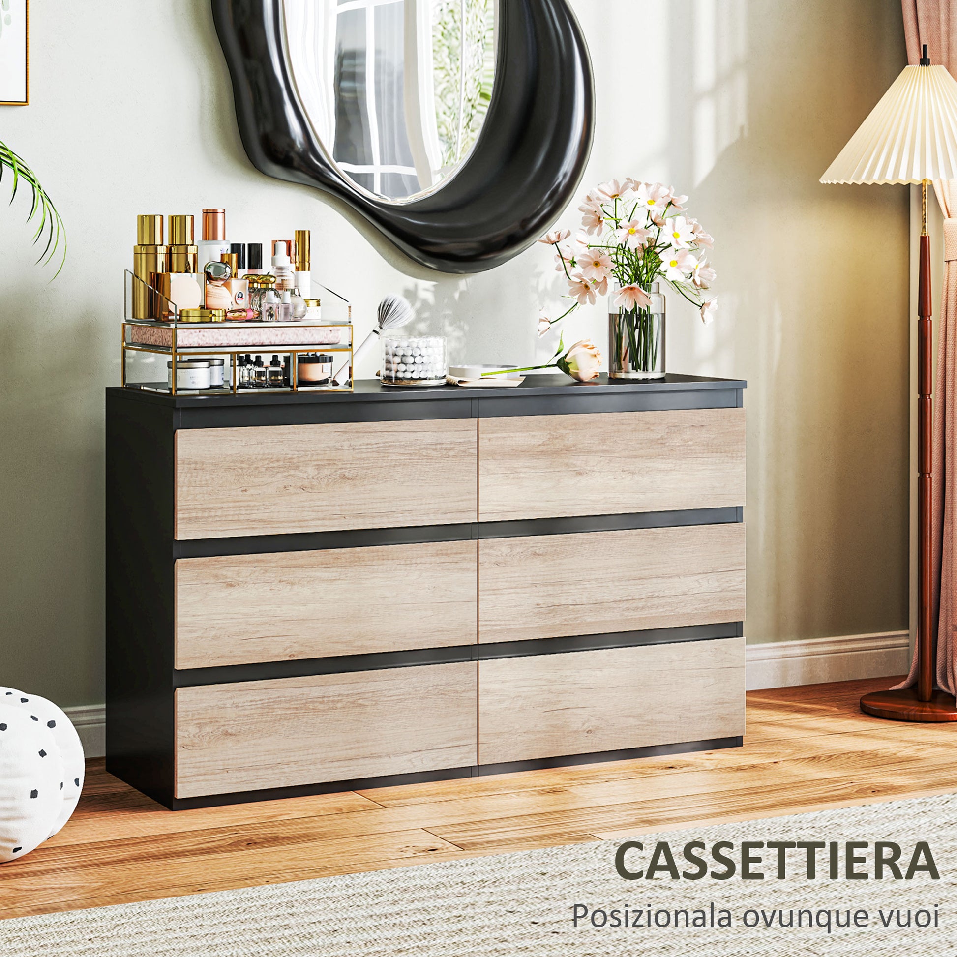 Bedroom Chest of Drawers, 6 Drawers, Wooden Dresser with Non-Slip Feet, for Living Room, Dining Room, Hallway, 120x39x75 cm, Black and Wood Color