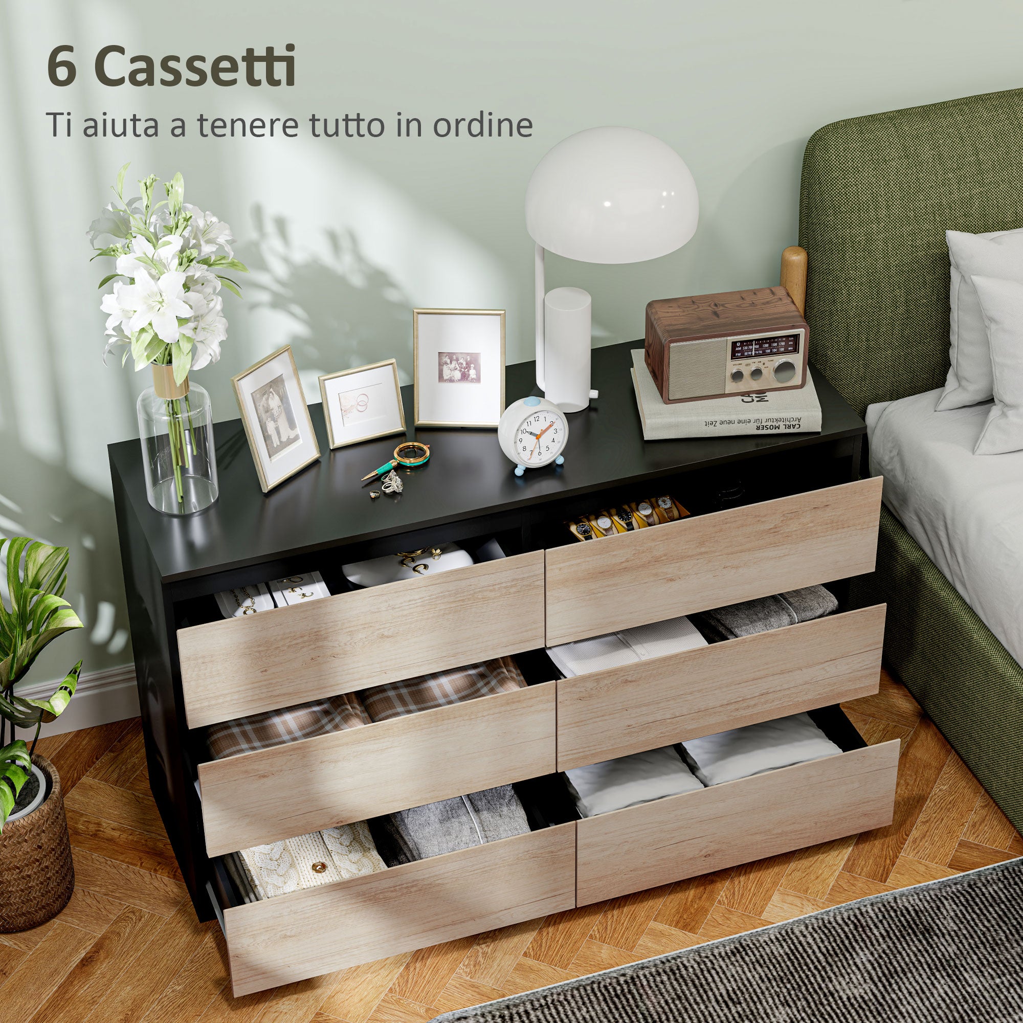 Bedroom Chest of Drawers, 6 Drawers, Wooden Dresser with Non-Slip Feet, for Living Room, Dining Room, Hallway, 120x39x75 cm, Black and Wood Color