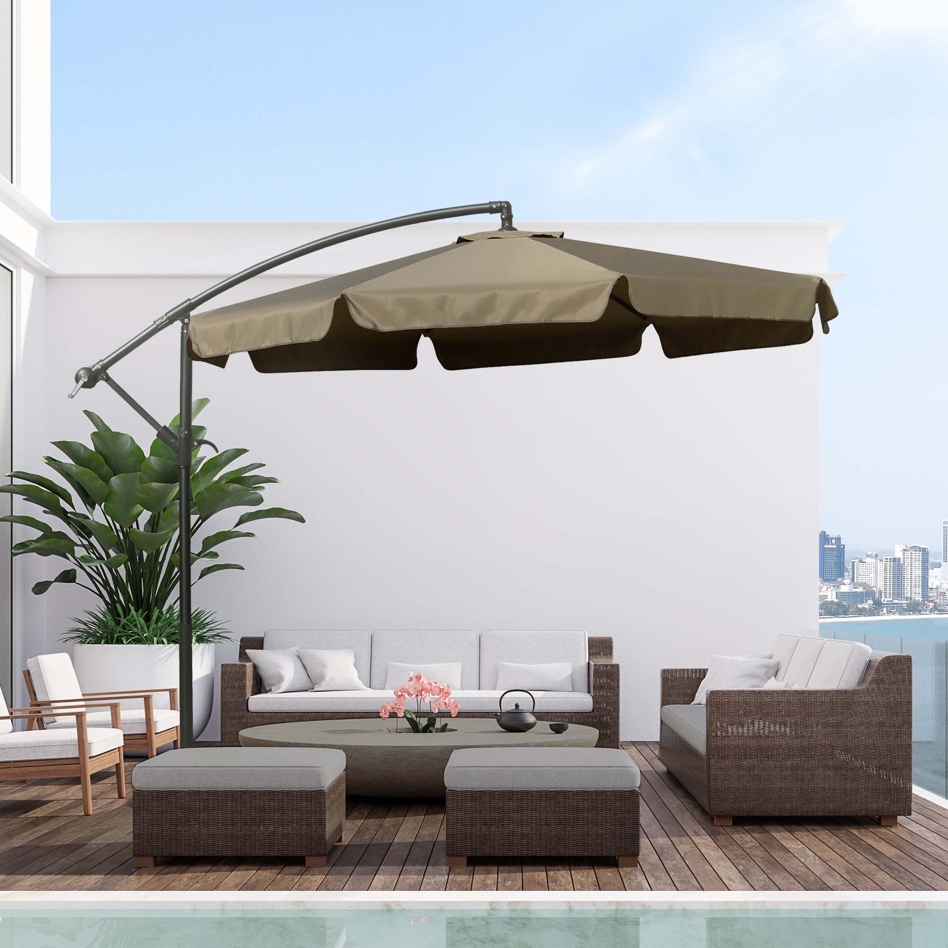 Offset Garden Umbrella 2.7x2.7m with Adjustable Canopy, Cross Base, Air Vents, Crank, Tilt Patio Umbrella in Metal and Polyester, for Yard Patio, Coffee