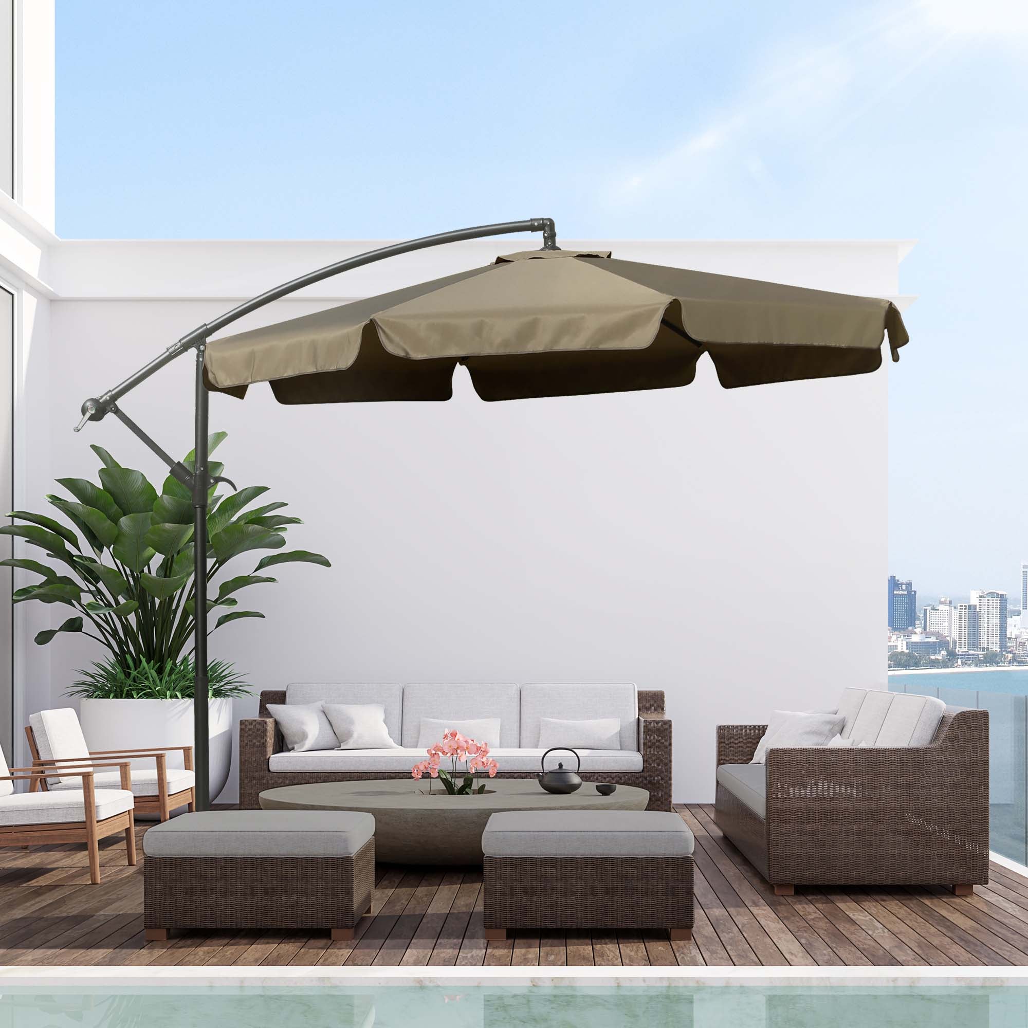 Offset Garden Umbrella 2.7x2.7m with Adjustable Canopy, Cross Base, Air Vents, Crank, Tilt Patio Umbrella in Metal and Polyester, for Yard Patio, Coffee