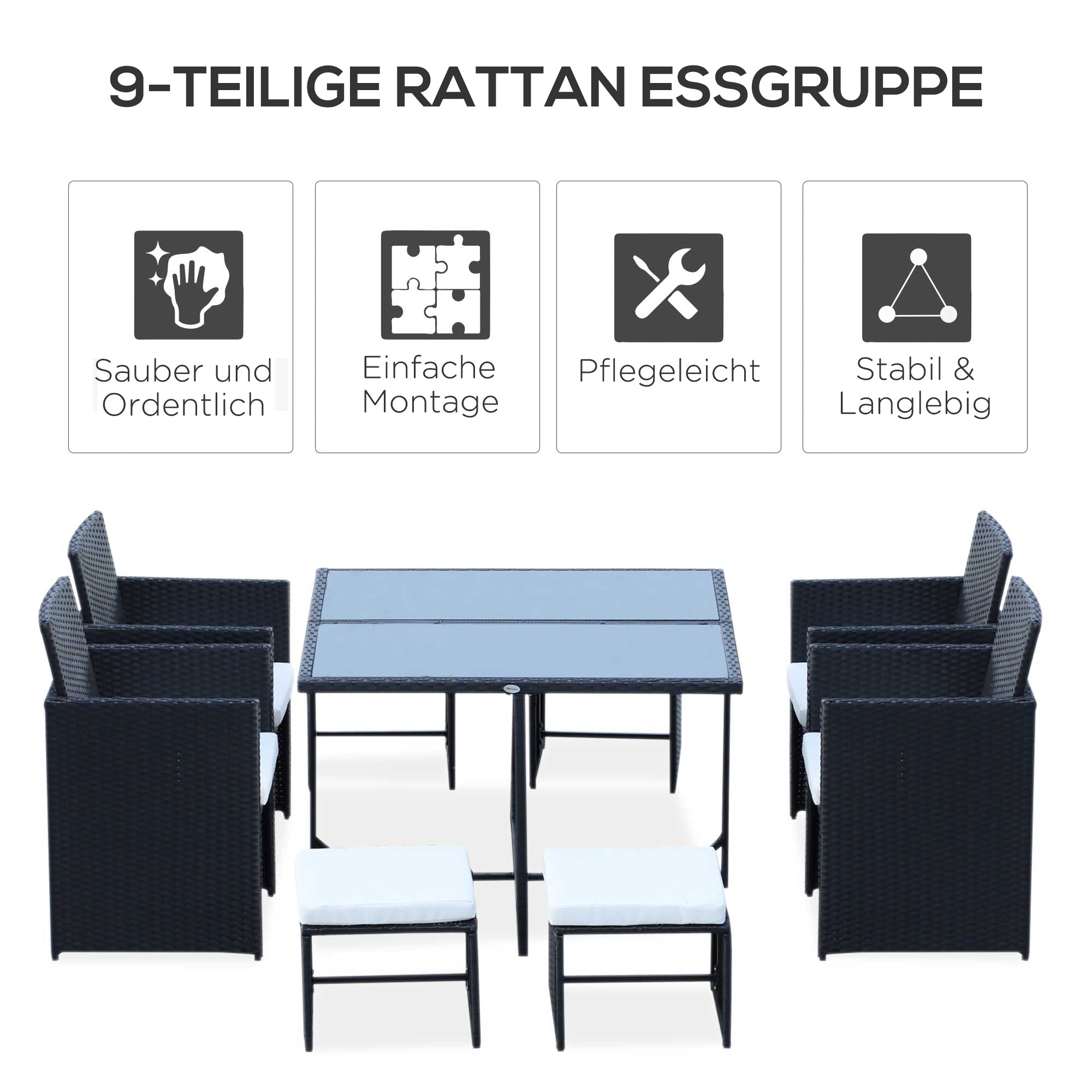 9 pcs. Poly Rattan Garden Furniture Rattan Garden Set Dining Group Set including Cushions Black 43 x 43 x 28 inches