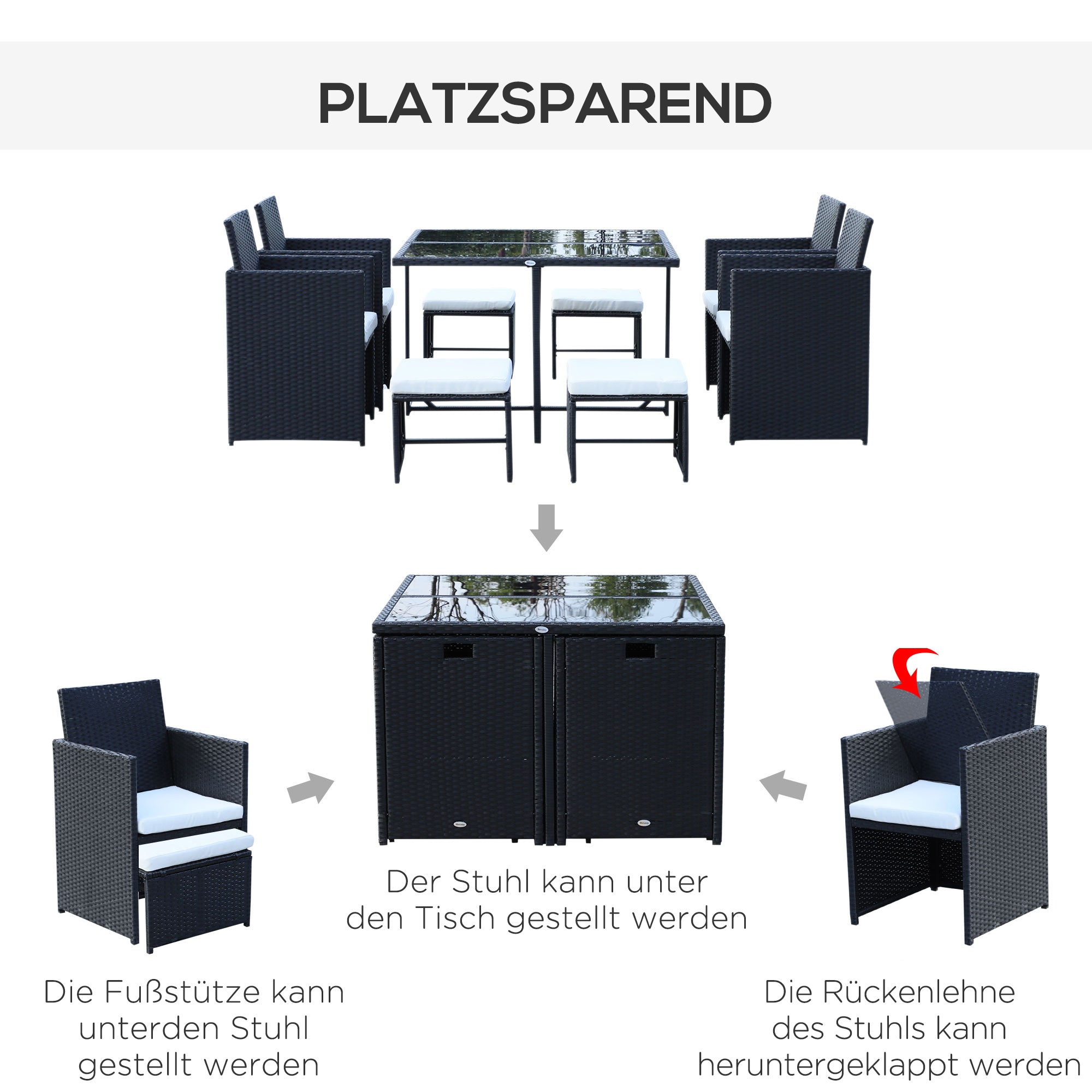 9 pcs. Poly Rattan Garden Furniture Rattan Garden Set Dining Group Set including Cushions Black 43 x 43 x 28 inches