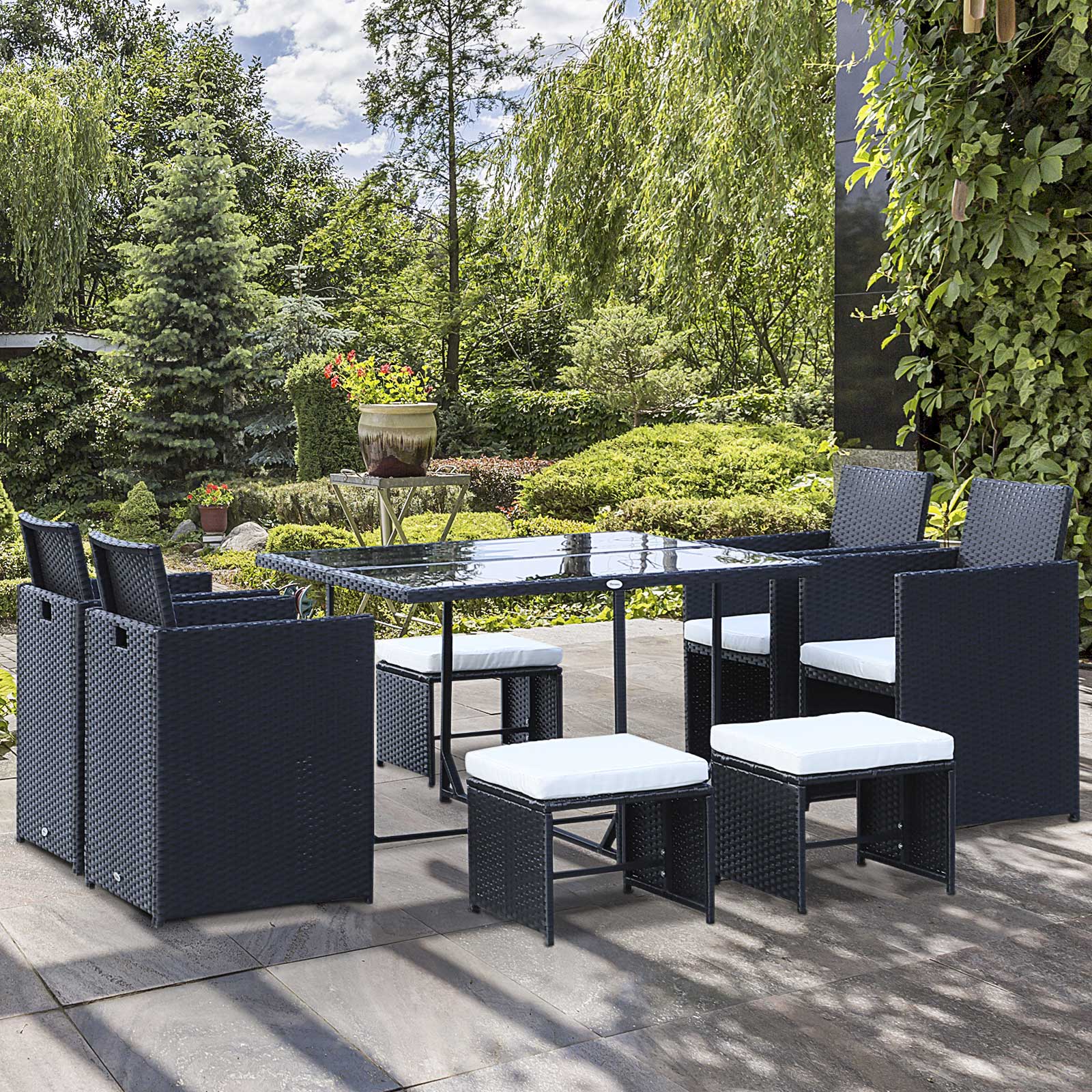 9 pcs. Poly Rattan Garden Furniture Rattan Garden Set Dining Group Set including Cushions Black 43 x 43 x 28 inches