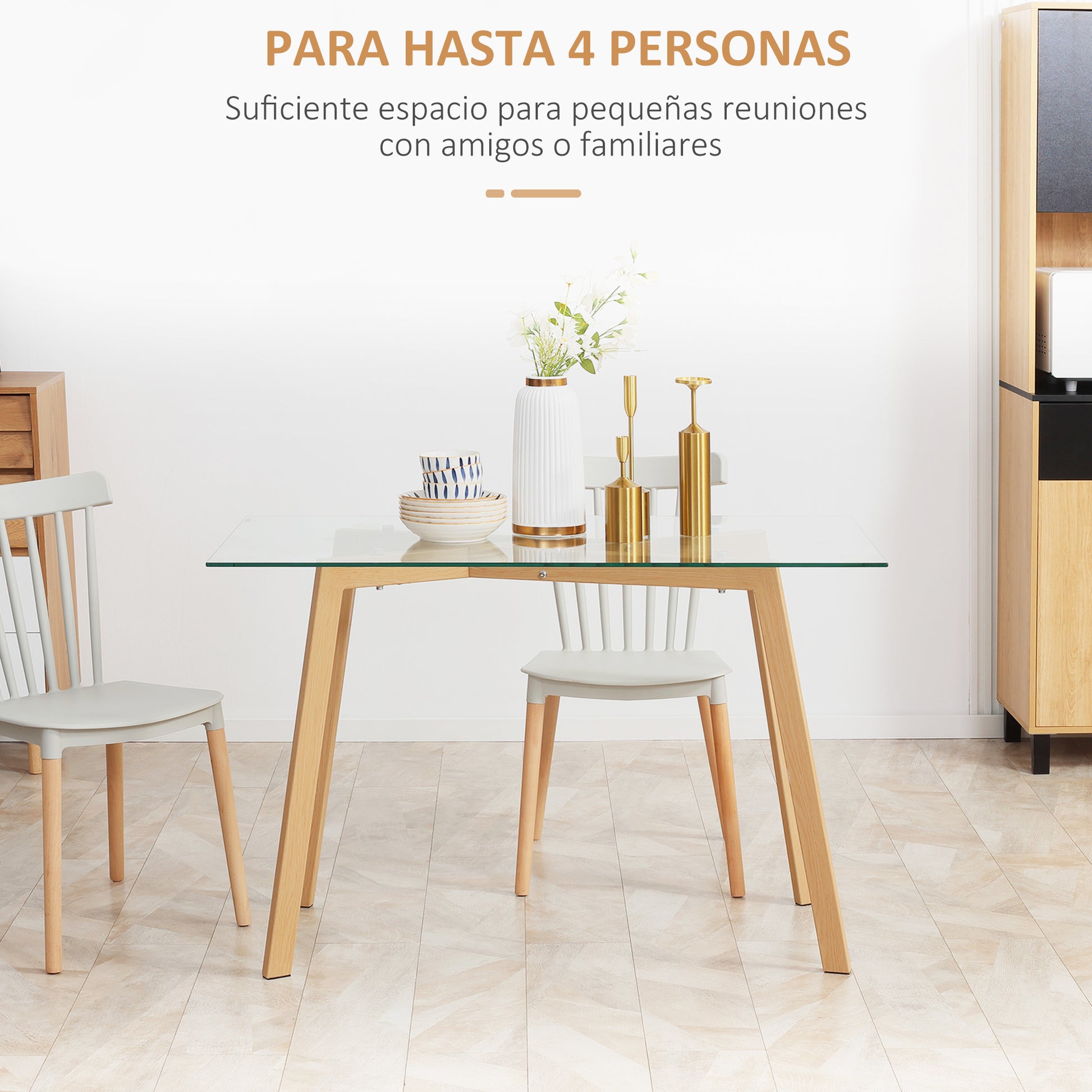 Dining Table for 4 People Modern Kitchen Table with Tempered Glass Top and Steel Legs with Wood Effect for Living Room 120x60x76 cm Clear