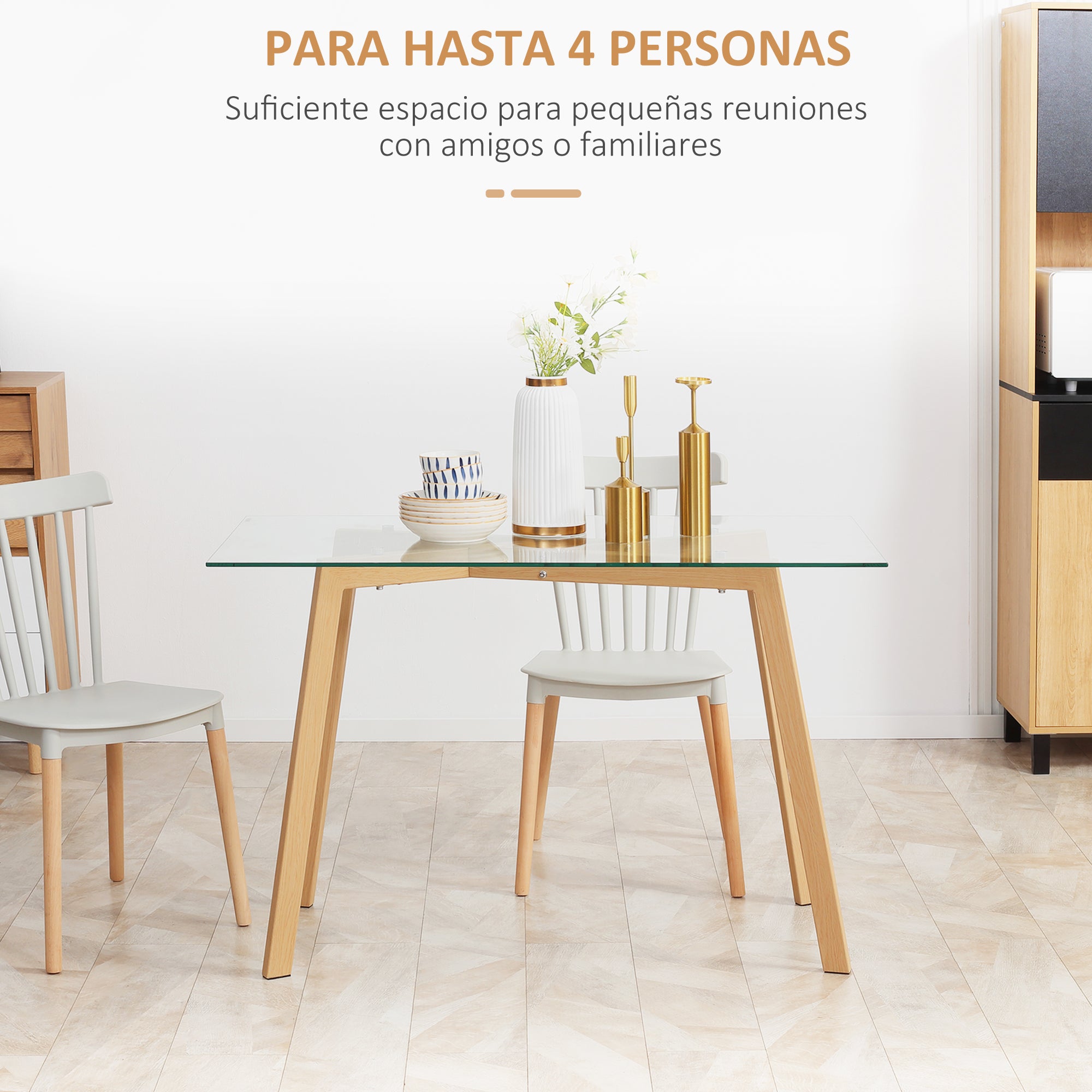 Dining Table for 4 People Modern Kitchen Table with Tempered Glass Top and Steel Legs with Wood Effect for Living Room 120x60x76 cm Clear
