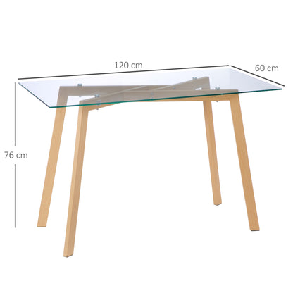 Dining Table for 4 People Modern Kitchen Table with Tempered Glass Top and Steel Legs with Wood Effect for Living Room 120x60x76 cm Clear