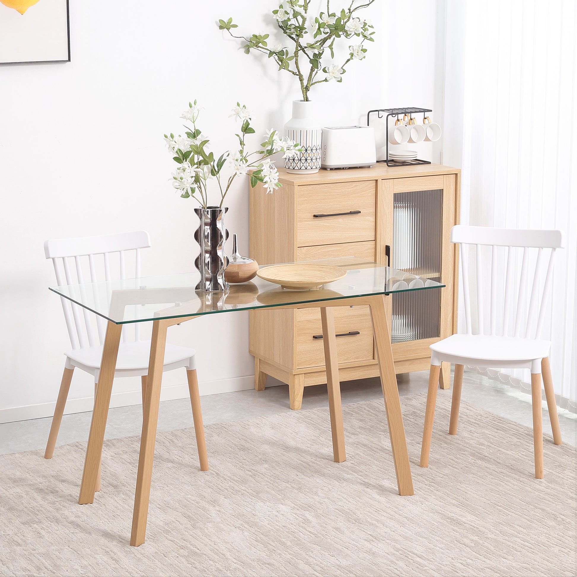 Dining Table for 4 People Modern Kitchen Table with Tempered Glass Top and Steel Legs with Wood Effect for Living Room 120x60x76 cm Clear
