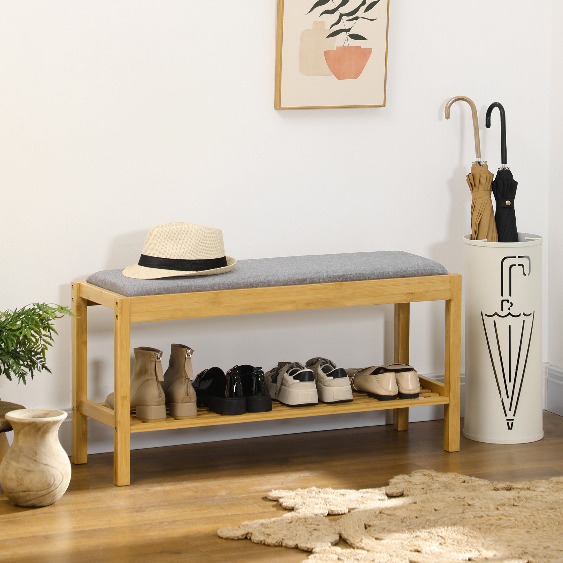 Bamboo Shoe Bench Shoe Rack with Upholstered Seat for 3 Pairs of Shoes with Slatted Shelf for Entryway Hallway 90x30x46 cm Natural