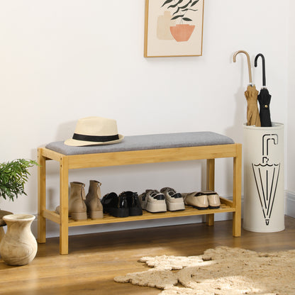 Bamboo Shoe Bench Shoe Rack with Upholstered Seat for 3 Pairs of Shoes with Slatted Shelf for Entryway Hallway 90x30x46 cm Natural