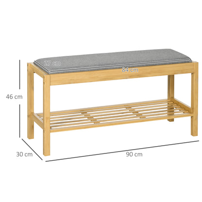 Bamboo Shoe Bench Shoe Rack with Upholstered Seat for 3 Pairs of Shoes with Slatted Shelf for Entryway Hallway 90x30x46 cm Natural