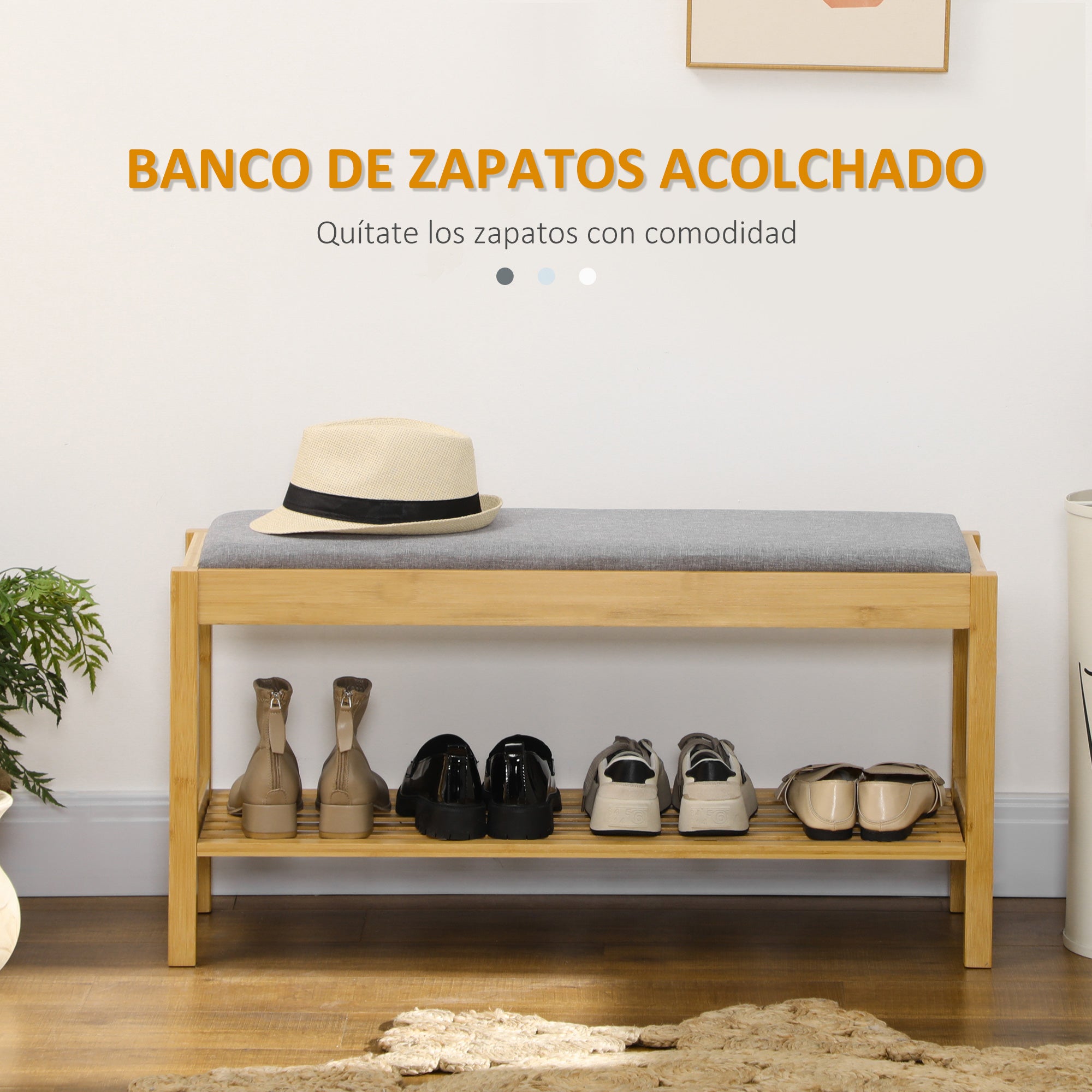 Bamboo Shoe Bench Shoe Rack with Upholstered Seat for 3 Pairs of Shoes with Slatted Shelf for Entryway Hallway 90x30x46 cm Natural