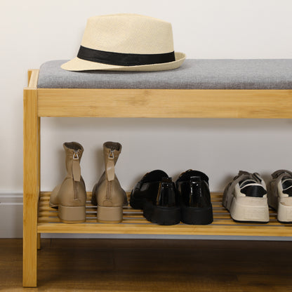 Bamboo Shoe Bench Shoe Rack with Upholstered Seat for 3 Pairs of Shoes with Slatted Shelf for Entryway Hallway 90x30x46 cm Natural