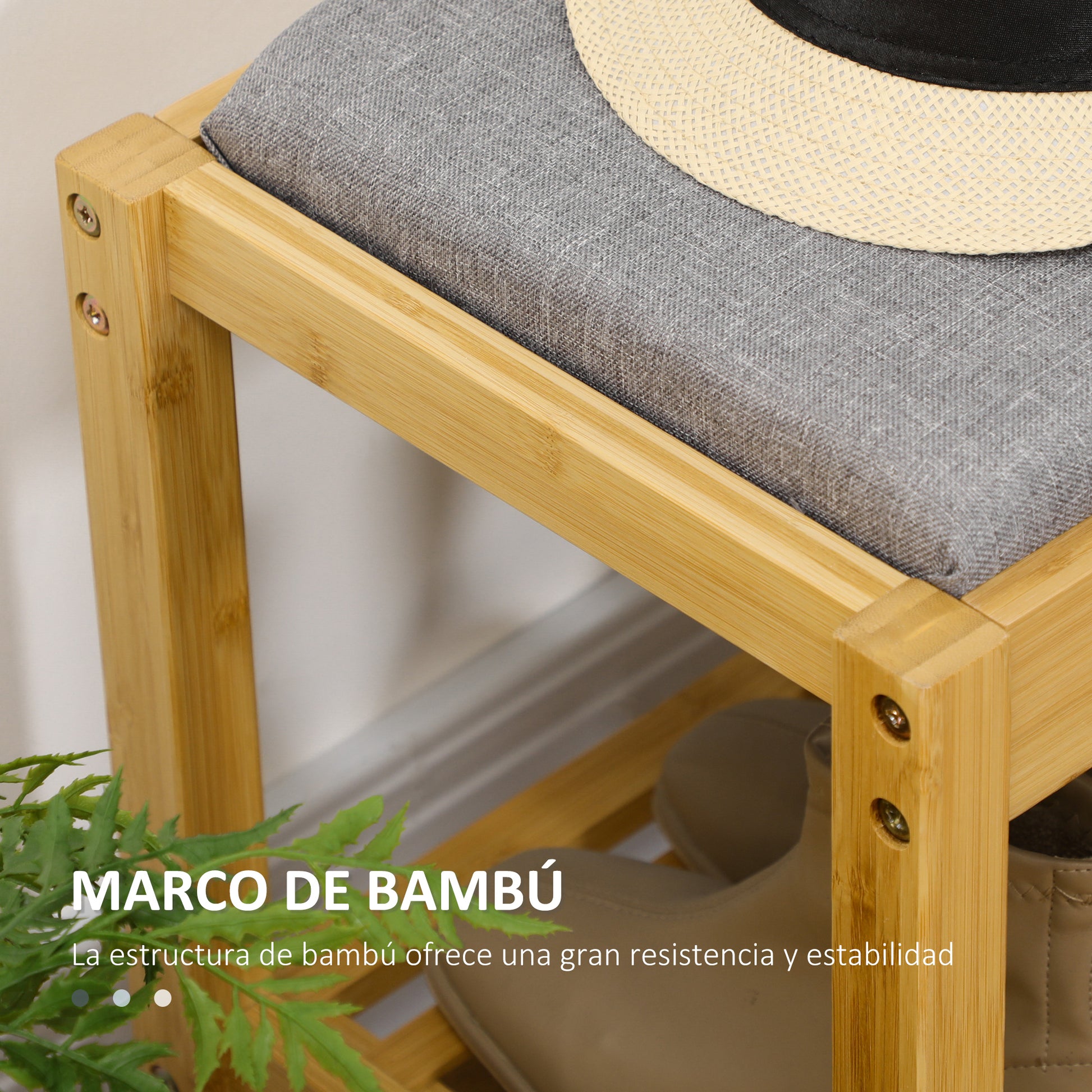 Bamboo Shoe Bench Shoe Rack with Upholstered Seat for 3 Pairs of Shoes with Slatted Shelf for Entryway Hallway 90x30x46 cm Natural