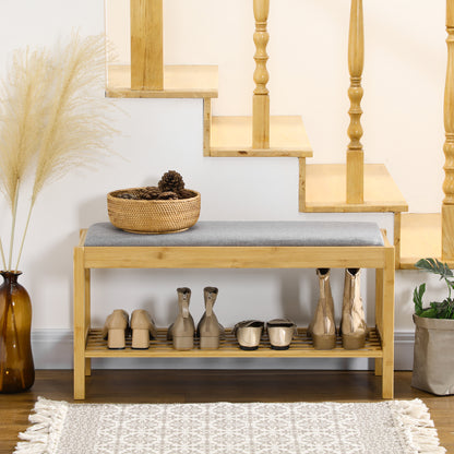 Bamboo Shoe Bench Shoe Rack with Upholstered Seat for 3 Pairs of Shoes with Slatted Shelf for Entryway Hallway 90x30x46 cm Natural