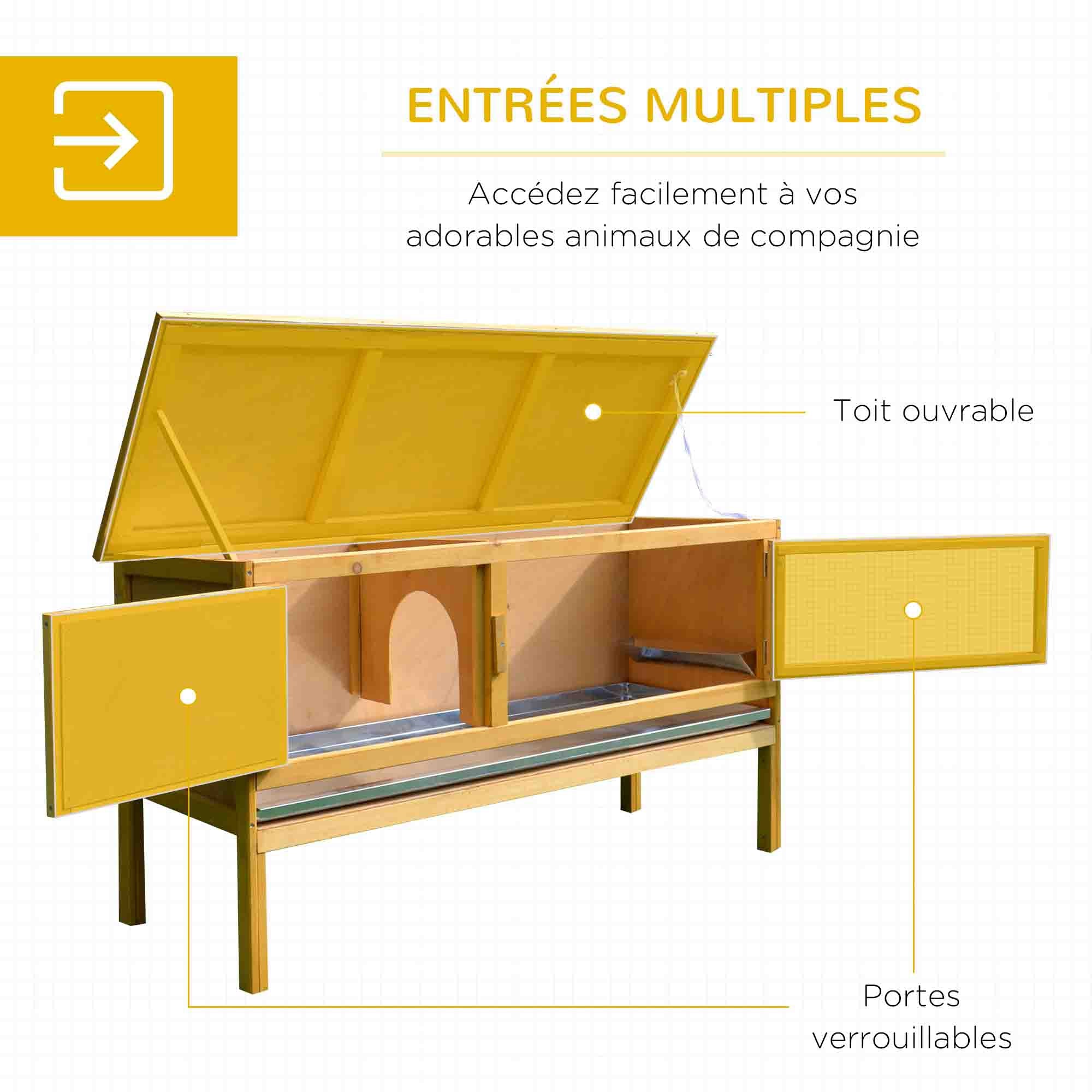 Rabbit Cage Hutch Outdoor Rabbit Hutch 2 Doors Raised Feet Removable Sliding Tray Solid Wood 115 x 44.3 x 65 cm light yellow