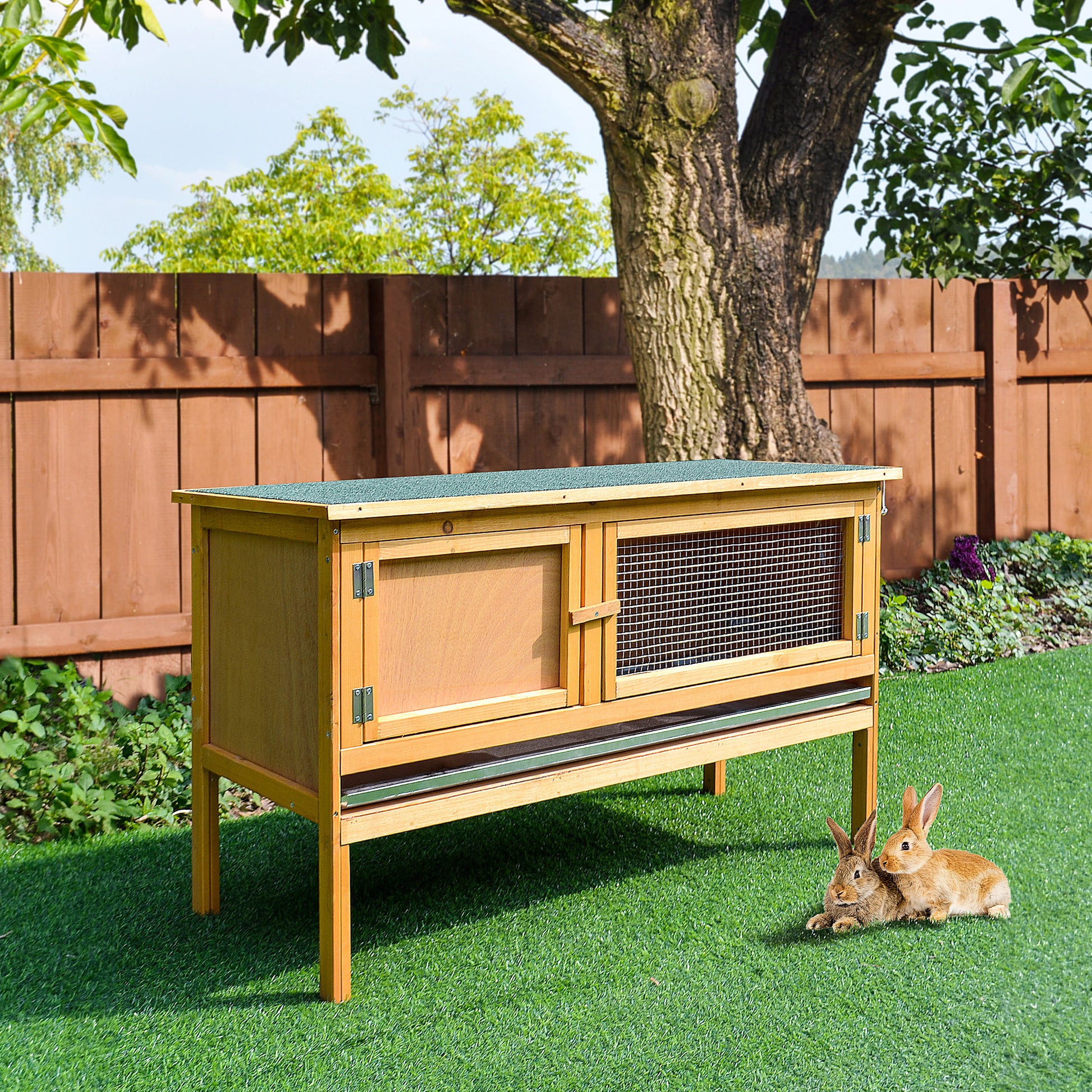Rabbit Cage Hutch Outdoor Rabbit Hutch 2 Doors Raised Feet Removable Sliding Tray Solid Wood 115 x 44.3 x 65 cm light yellow