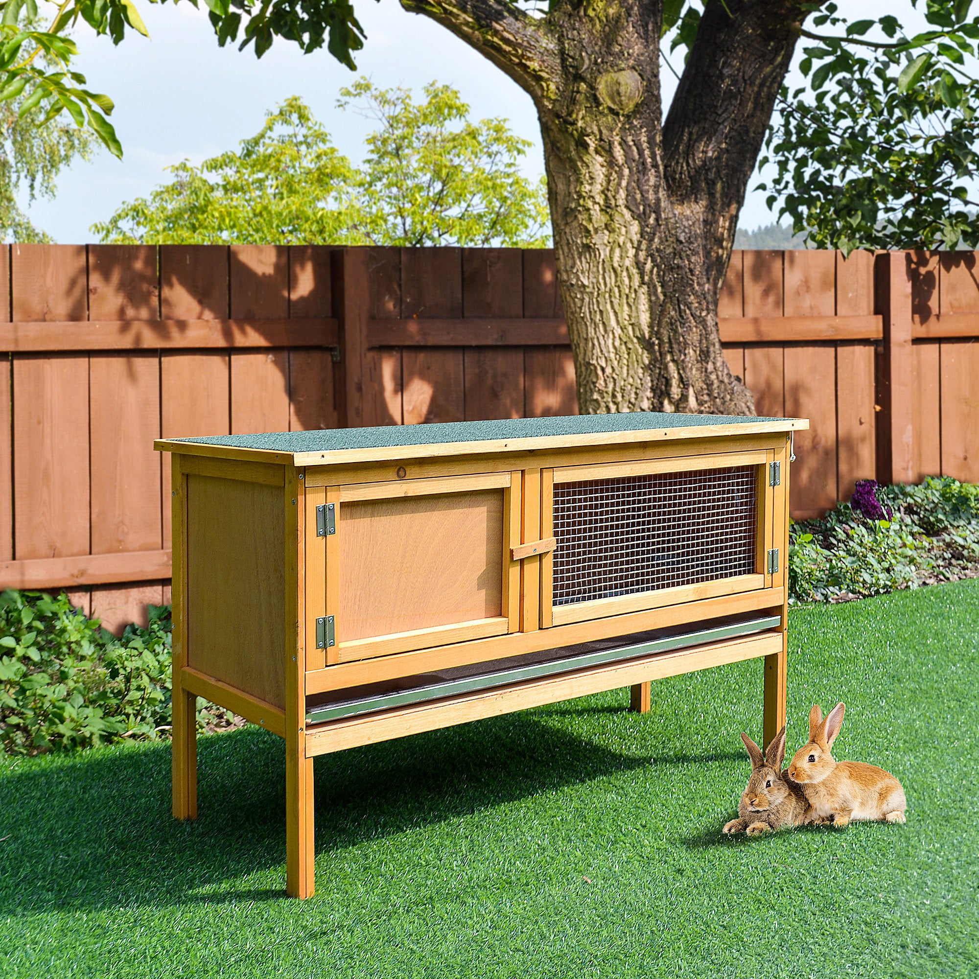 Rabbit Cage Hutch Outdoor Rabbit Hutch 2 Doors Raised Feet Removable Sliding Tray Solid Wood 115 x 44.3 x 65 cm light yellow