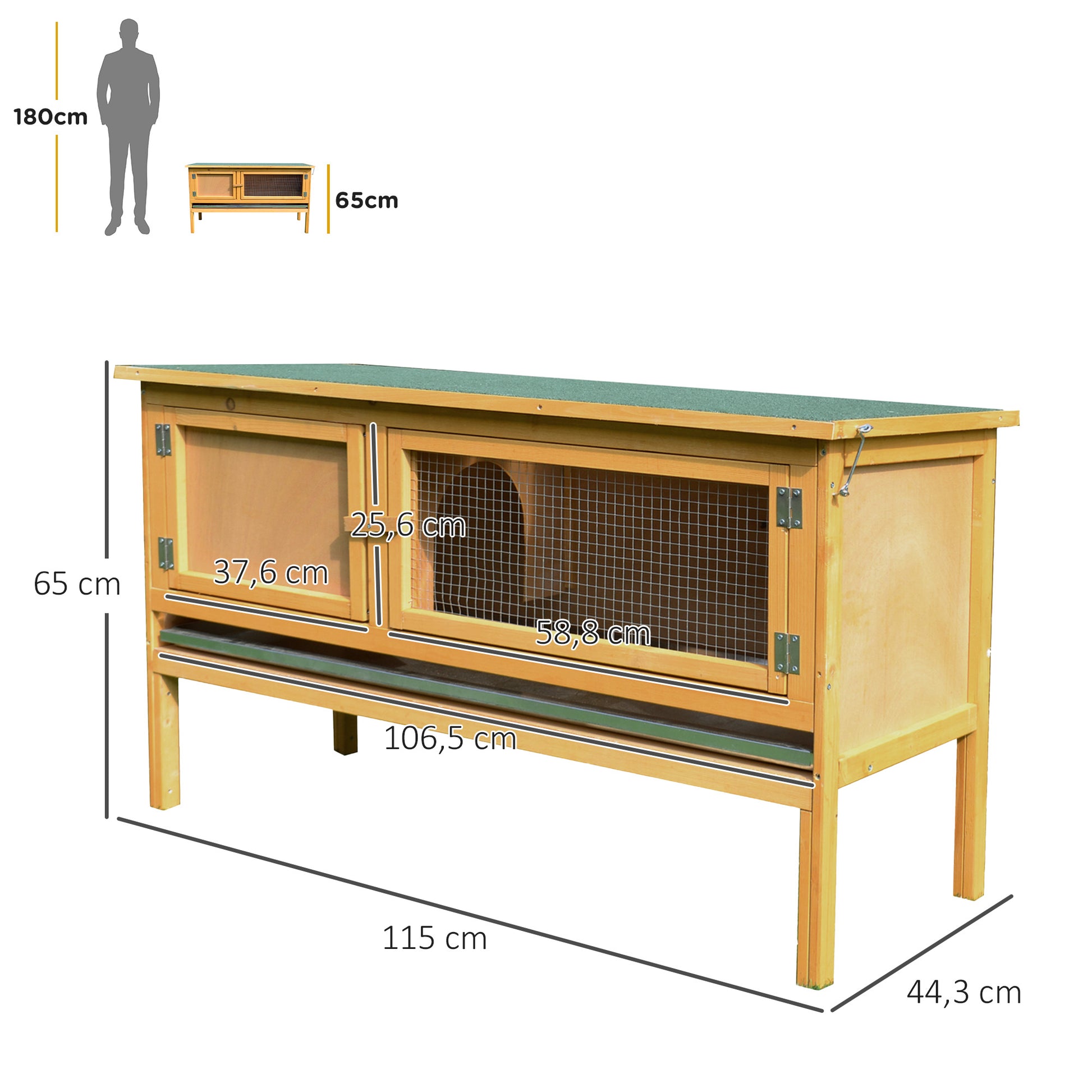 Rabbit Cage Hutch Outdoor Rabbit Hutch 2 Doors Raised Feet Removable Sliding Tray Solid Wood 115 x 44.3 x 65 cm light yellow