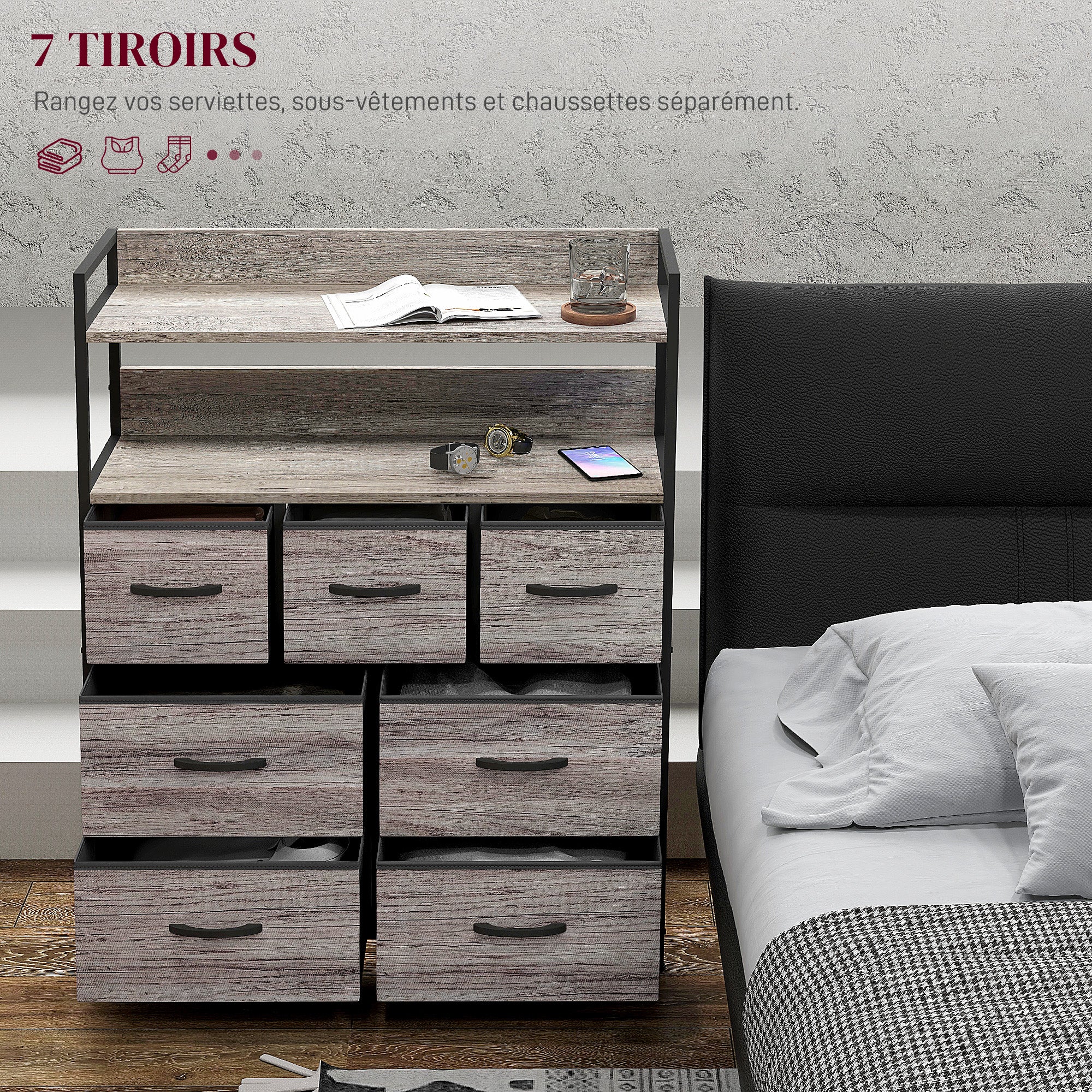 Bedroom Chest of Drawers Storage Cabinet with 7 Foldable and Removable Fabric Drawers, Open Shelves, and Steel Frame, Dresser for Living Room, Bedroom, Entryway, Gray
