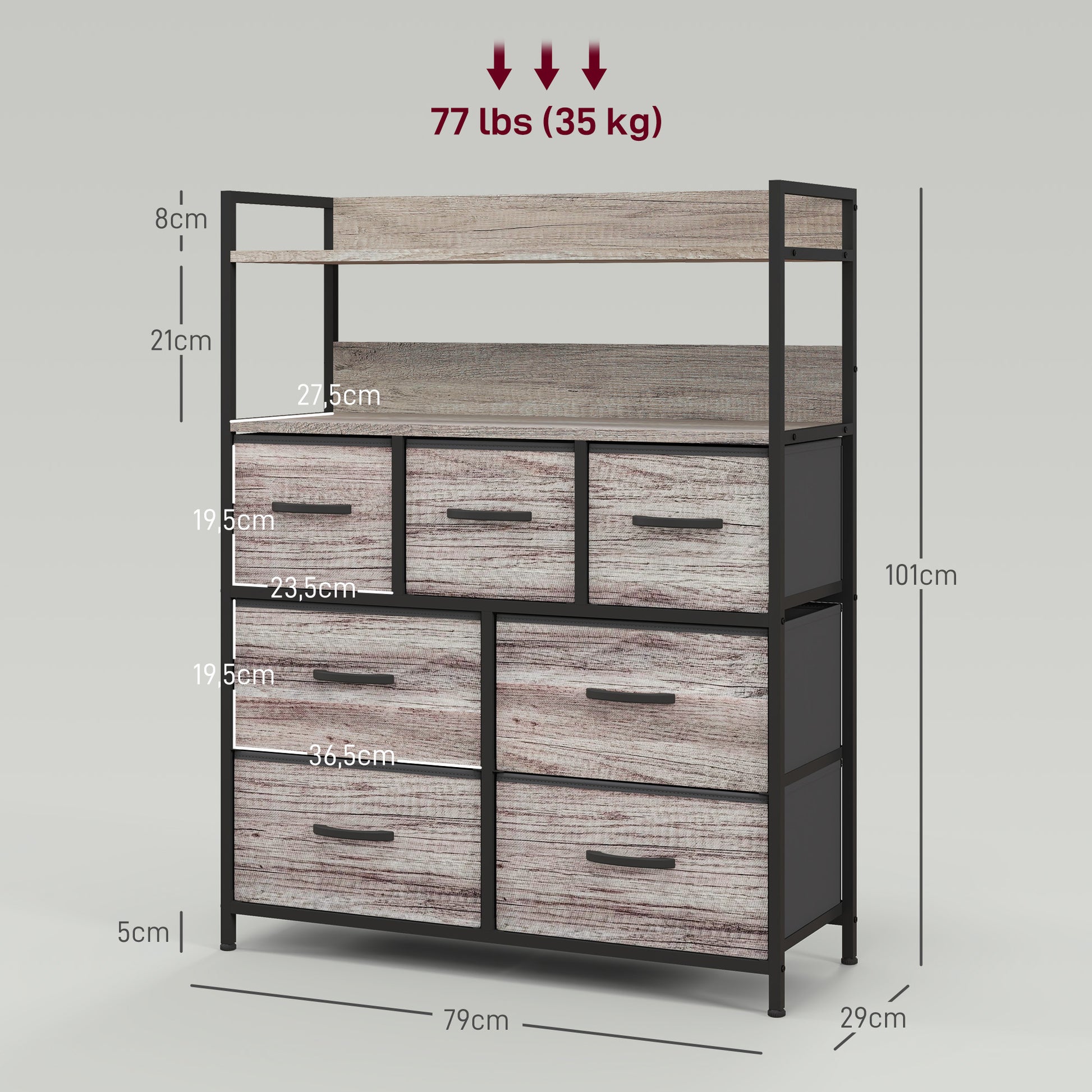 Bedroom Chest of Drawers Storage Cabinet with 7 Foldable and Removable Fabric Drawers, Open Shelves, and Steel Frame, Dresser for Living Room, Bedroom, Entryway, Gray