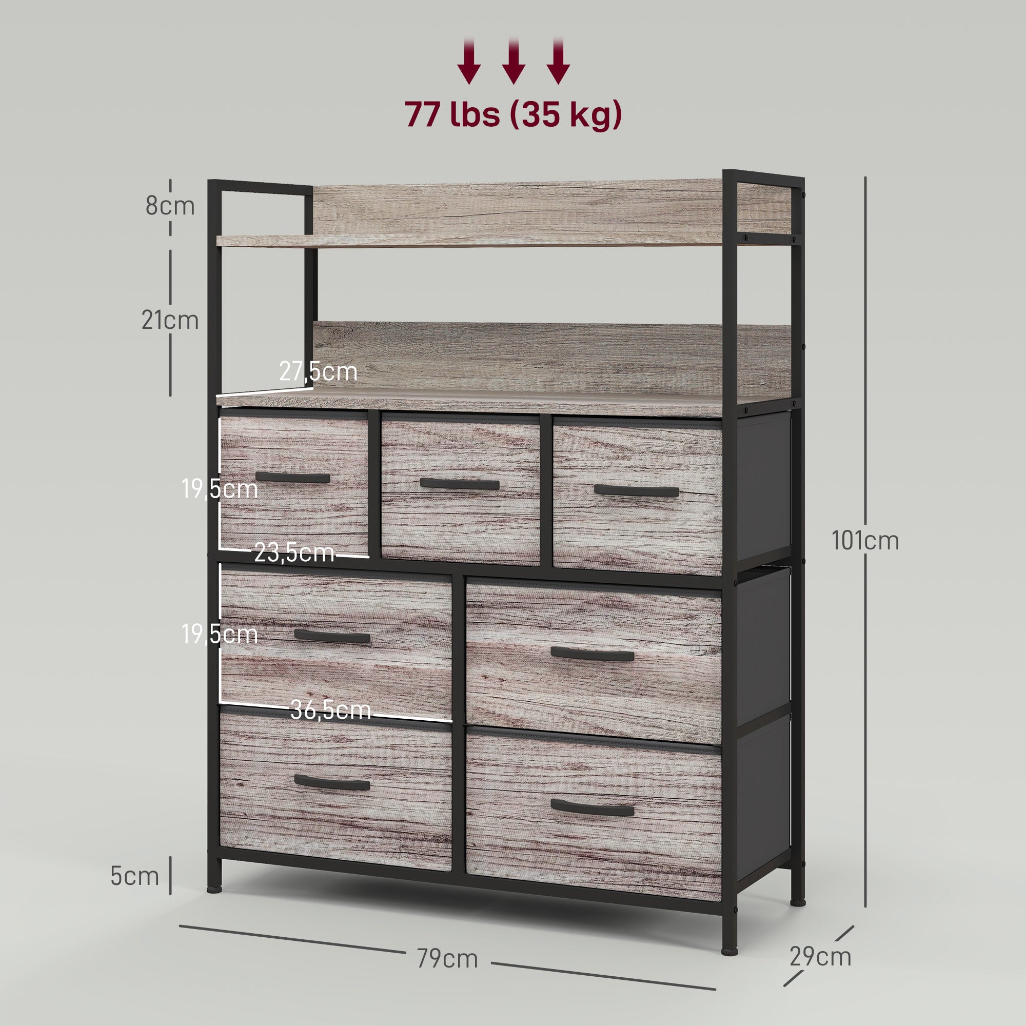 Bedroom Chest of Drawers Storage Cabinet with 7 Foldable and Removable Fabric Drawers, Open Shelves, and Steel Frame, Dresser for Living Room, Bedroom, Entryway, Gray