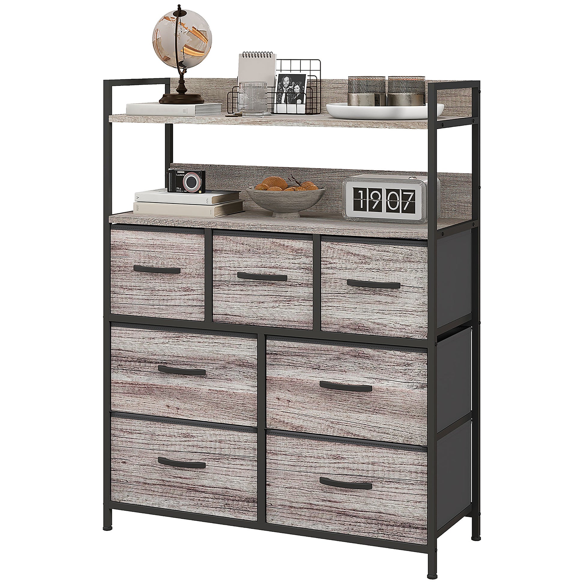 Bedroom Chest of Drawers Storage Cabinet with 7 Foldable and Removable Fabric Drawers, Open Shelves, and Steel Frame, Dresser for Living Room, Bedroom, Entryway, Gray