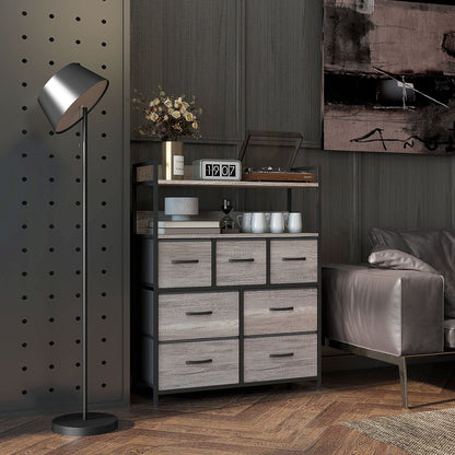 Bedroom Chest of Drawers Storage Cabinet with 7 Foldable and Removable Fabric Drawers, Open Shelves, and Steel Frame, Dresser for Living Room, Bedroom, Entryway, Gray