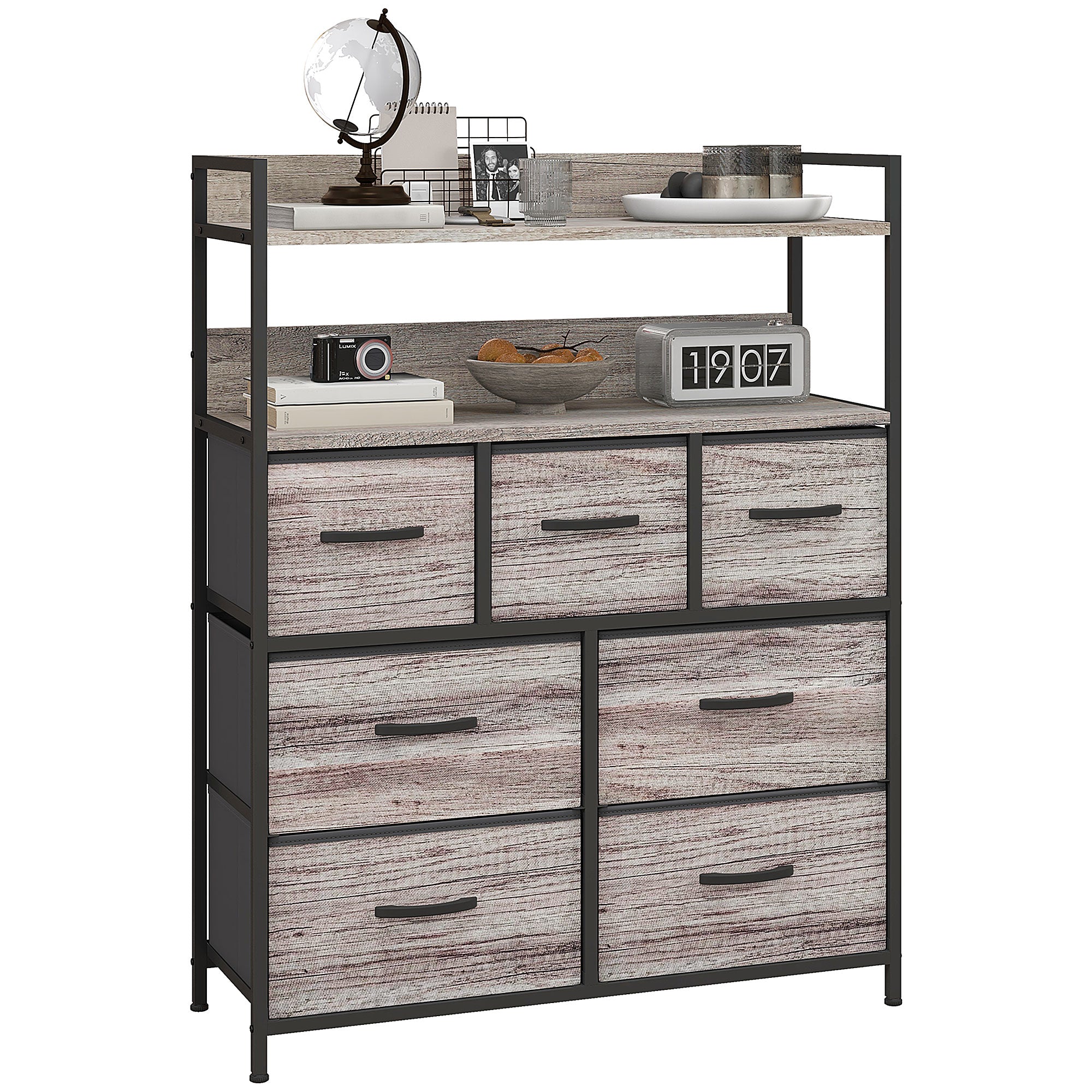 Bedroom Chest of Drawers Storage Cabinet with 7 Foldable and Removable Fabric Drawers, Open Shelves, and Steel Frame, Dresser for Living Room, Bedroom, Entryway, Gray