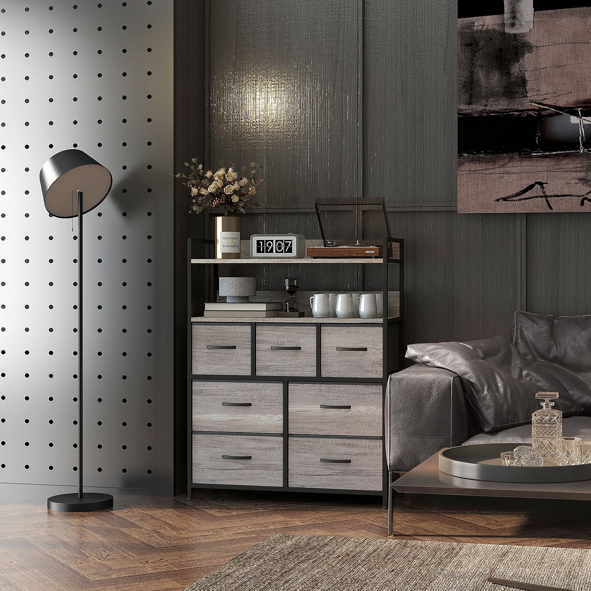 Bedroom Chest of Drawers Storage Cabinet with 7 Foldable and Removable Fabric Drawers, Open Shelves, and Steel Frame, Dresser for Living Room, Bedroom, Entryway, Gray