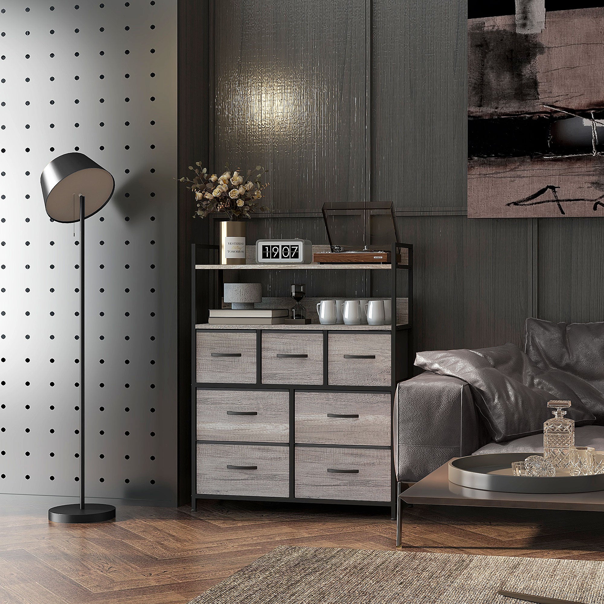Bedroom Chest of Drawers Storage Cabinet with 7 Foldable and Removable Fabric Drawers, Open Shelves, and Steel Frame, Dresser for Living Room, Bedroom, Entryway, Gray