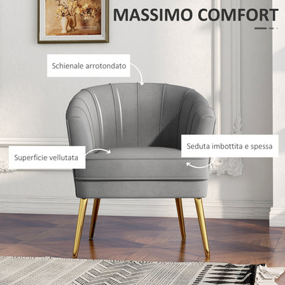 Bedroom Armchair, Velvet Armchair with Golden Legs, Living Room and Lounge Armchair in Polyester and Steel, 71x72x75cm, Gray