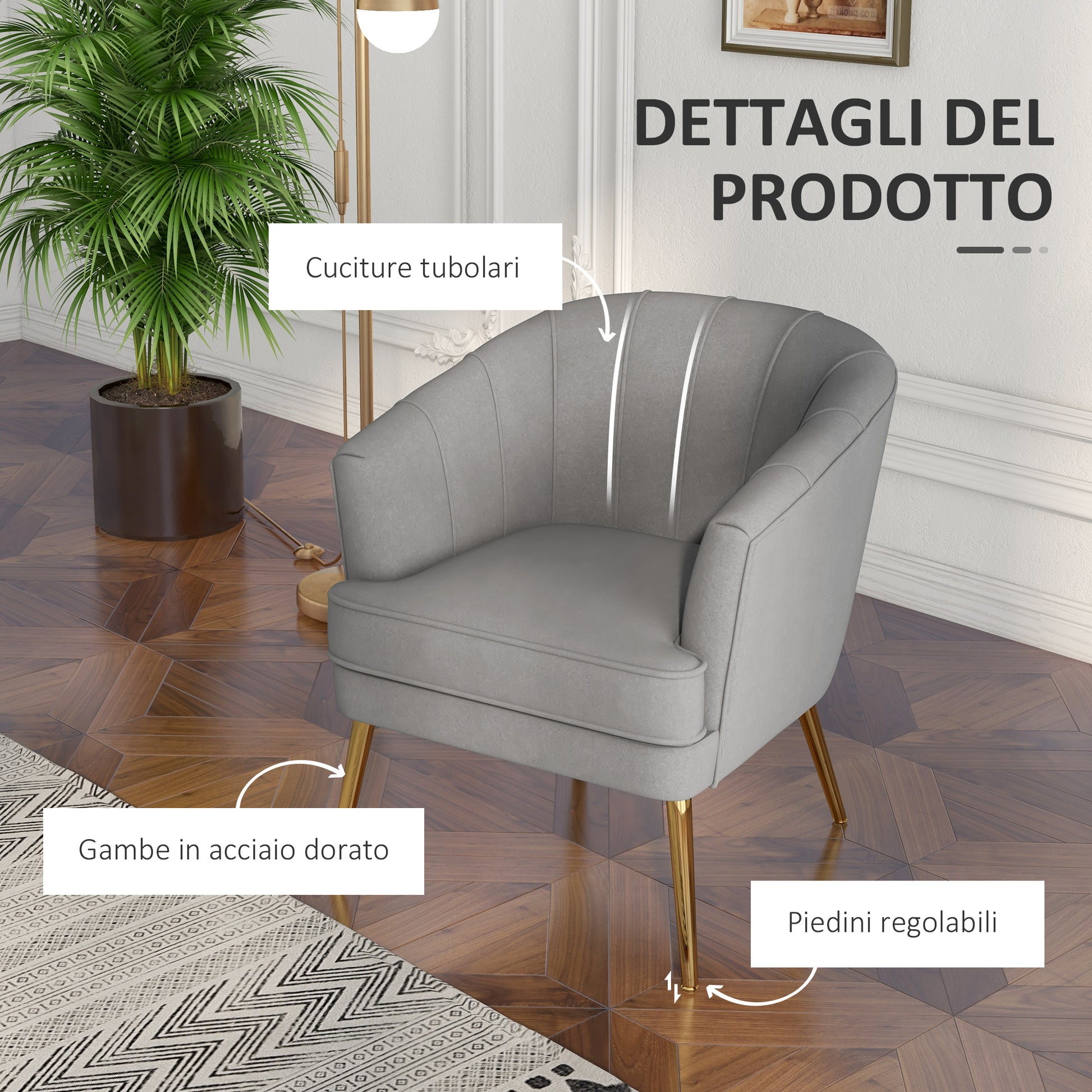 Bedroom Armchair, Velvet Armchair with Golden Legs, Living Room and Lounge Armchair in Polyester and Steel, 71x72x75cm, Gray