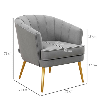 Bedroom Armchair, Velvet Armchair with Golden Legs, Living Room and Lounge Armchair in Polyester and Steel, 71x72x75cm, Gray